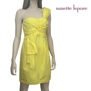 Nanette Lepore Cocktail Dress Cotton Y2K Yellow Ruched Draped One Shoulder Mini